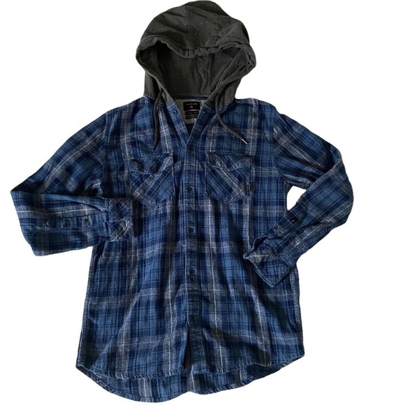 QUIKSILVER REGULAR FIT BUTTON DOWN FLANNEL HOODIE BLUE GRAY MENS SMALL - Picture 2 of 8